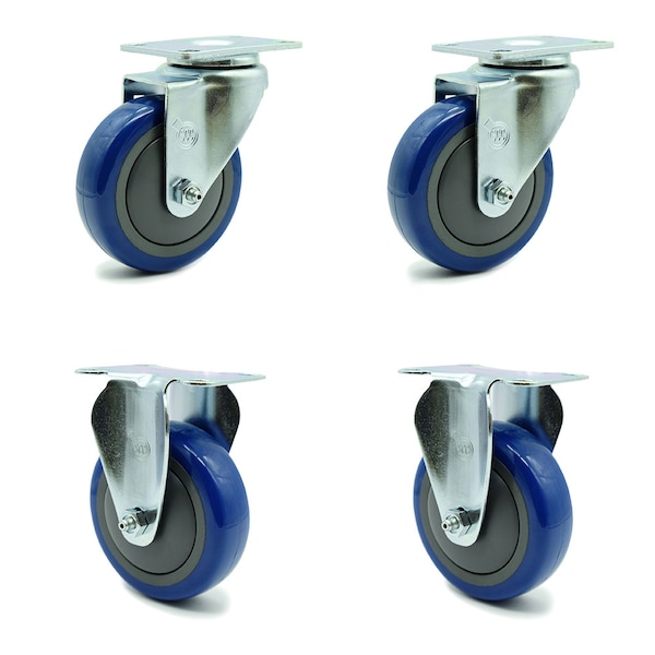 4 Inch Blue Polyurethane Wheel Swivel Top Plate Caster Set with 2 Rigid SCC